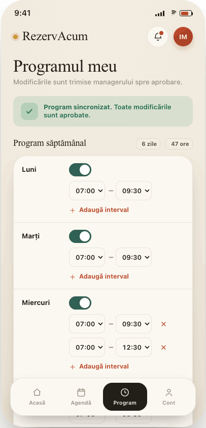 Programul de lucru al angajatului în RezervAcum, cu intervale pe zile
